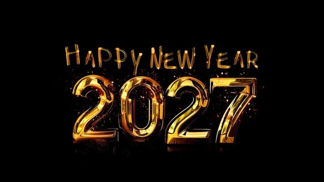 Happy New Year 2027" in huge golden metallic letters on a flat black surface, with fireworks in the background, golden sparks, New Year celebration, photorealistic.