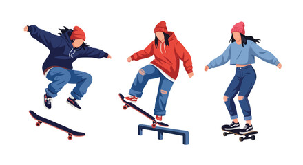 Set of Flat style vector of female skateboard athletes enjoying urban sports and recreational activities. Perfect for youth branding, street culture projects and lifestyle themes © Amie