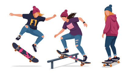 Fototapeta premium Set of Flat style vector of female skateboard athletes enjoying urban sports and recreational activities. Perfect for youth branding, street culture projects and lifestyle themes