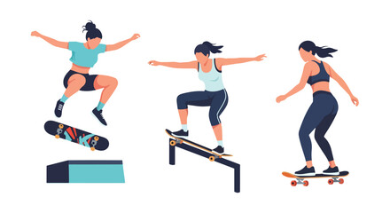Set of Flat style vector of female skateboard athletes enjoying urban sports and recreational activities. Perfect for youth branding, street culture projects and lifestyle themes © Amie
