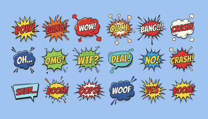 Set of comic book sound effect bubbles and speech expressions with elements © FatemaStock