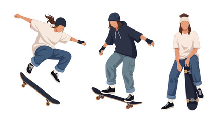 Set of Flat style vector of female skateboard athletes enjoying urban sports and recreational activities. Perfect for youth branding, street culture projects and lifestyle themes © Amie