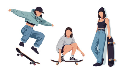 Set of Flat style vector of female skateboard athletes enjoying urban sports and recreational activities. Perfect for youth branding, street culture projects and lifestyle themes © Amie