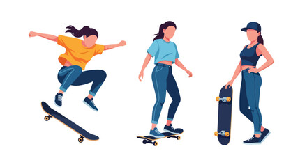 Set of Flat style vector of female skateboard athletes enjoying urban sports and recreational activities. Perfect for youth branding, street culture projects and lifestyle themes © Amie