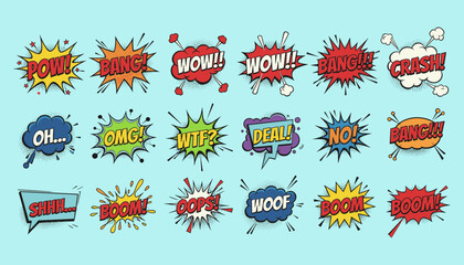 Comic book sound effects and colorful speech bubble collection with elements © FatemaStock