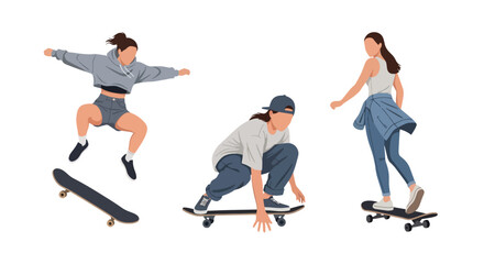 Set of Flat style vector of female skateboard athletes enjoying urban sports and recreational activities. Perfect for youth branding, street culture projects and lifestyle themes © Amie