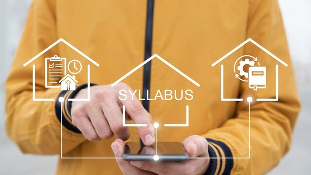 Closeup of a person using a smartphone with a digital syllabus interface overlay