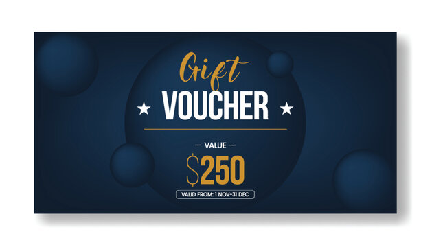 Modern dark blue gift voucher design with $250 value and valid from 1 november to 31 december perfect for holiday promotions and corporate incentives