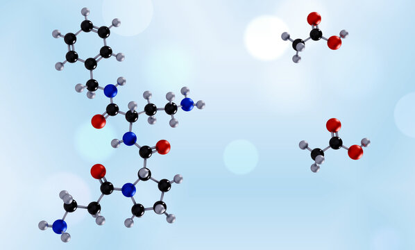 Dipeptide diaminobutyroyl benzylamide diacetate molecule, anti-wrinkle neuropeptide chemical structure, snake venom peptide cosmetic ingredient, expression lines reducer. Molecular model. 3D rendering