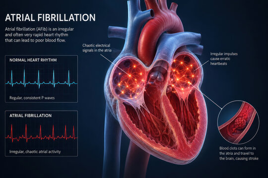Atrial Fibrillation Medical Infographic &mdash; AFib Heart Rhythm Disorder and Stroke Risk Illustration