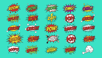 Retro comic book sound effect bubbles set on turquoise background with elements © FatemaStock