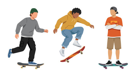 Set of Flat style vector of male skateboard athletes participating in urban sports and outdoor activities. Perfect for streetwear branding, youth campaigns and recreation content © Amie