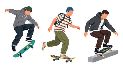 Set of Flat style vector of male skateboard athletes participating in urban sports and outdoor activities. Perfect for streetwear branding, youth campaigns and recreation content © Amie