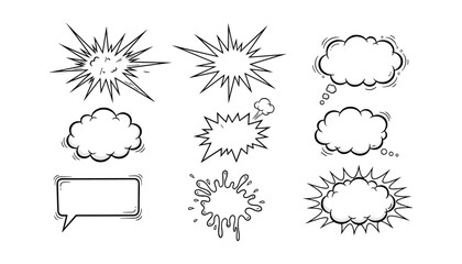 Black and white comic style speech bubbles and explosive bursts collection © FatemaStock
