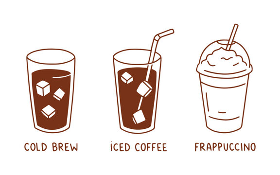 Hand drawn cold coffee drinks vector illustration set featuring cold brew, iced coffee and frappuccino.
