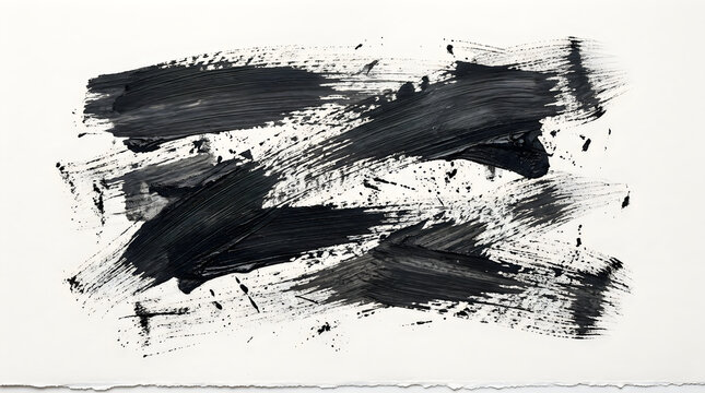Hand painted black ink brush strokes on white paper with rough texture and artistic expression