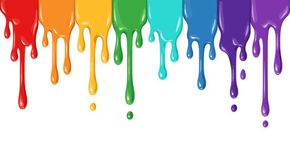 Rainbow colored paint dripping down on white background with dripping, colorful © FatemaStock