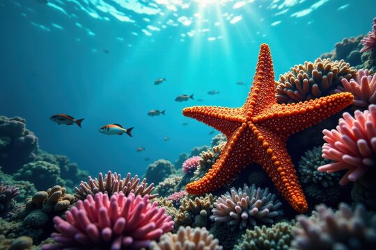 A school of fish swims past a giant starfish on a colorful coral reef , sea, coral