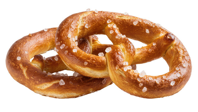 Isolated delicious freshly baked pretzels with large salt crystals, a classic German treat
