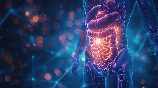 Detailed 3D medical illustration showing human colon and rectum anatomy, visualization of colorectal cancer tumors, comparison between healthy intestinal tissues and malignant lesions for clinical 