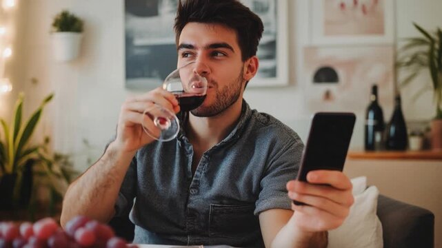 A young man enjoys a glass of red wine while taking selfies with his smartphone in a cozy, stylish home setting filled with plants and modern decor.