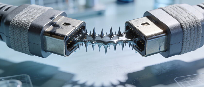 Macro of dark magnetic ferrofluid bridging two digital data cables