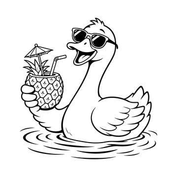 Cool Duck Floating in Water Holding Tropical Pineapple Cocktail Cartoon Vector