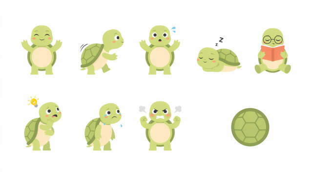 Set of cute pixel art turtle characters showing various emotions and actions for game design and stickers