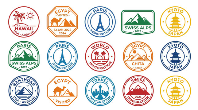 Set of colorful travel and immigration passport stamps.