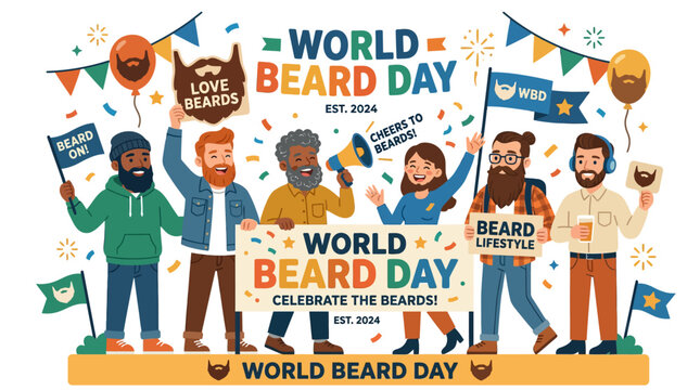 Diverse men celebrating World Beard Day with signs and banners.