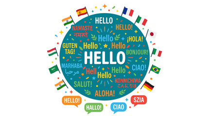 Hello greeting in multiple languages arranged in circular pattern. © Farah