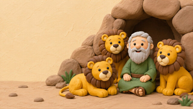 Prophet Daniel sitting with lions in stone cave after being cast into the den. Plasticine clay illustration for children bible story about faith. Religious scene for education class.