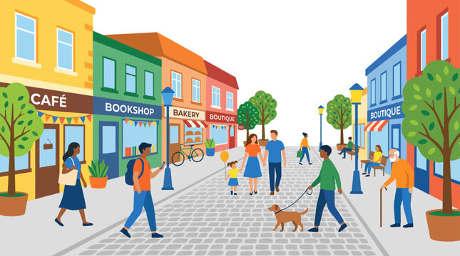 Colorful city street scene with shops and pedestrians.