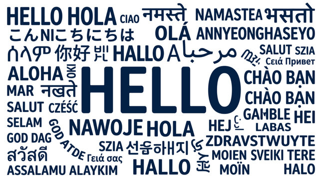 Multi language hello word cloud typography graphic design.