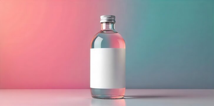 Product mockup featuring a blank white label on a clear bottle against a colorful background, perfect for showcasing your design , digital, marketing