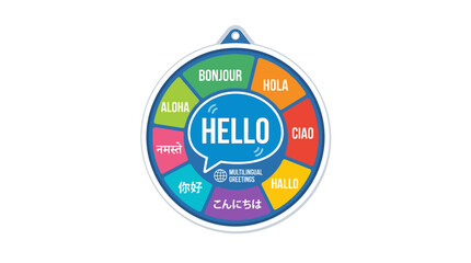 Multi-language hello greeting wheel colorful speech bubbles graphic. © Farah
