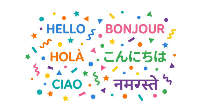 Greeting words in multiple languages with colorful confetti.
