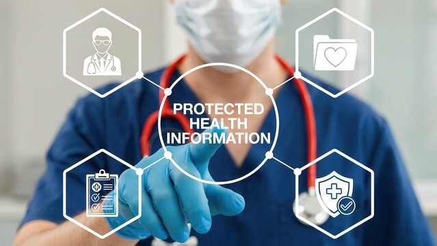 Doctor touching a virtual screen with protected health information text and medical icons