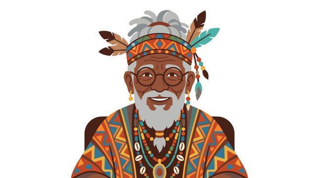 Portrait of elderly indigenous man in traditional tribal clothing.