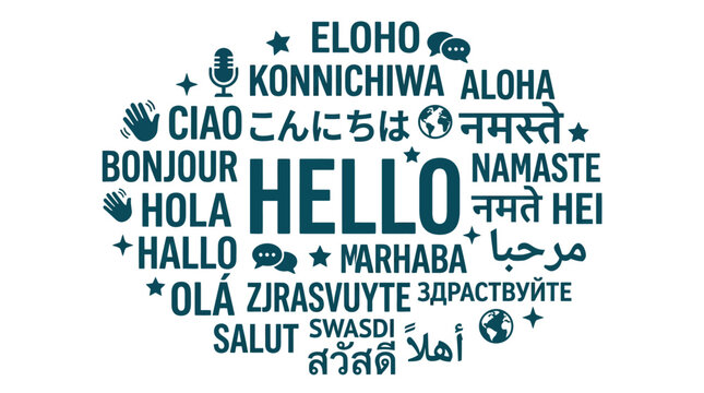 Multilingual hello word cloud in various languages.