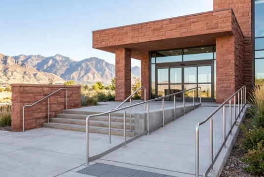 Modern stone building entrance with ramp and mountain view