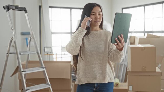 Woman holding tablet and phone to ear amid moving boxes and ladder in a bright building framed by windows and paint supplies; focused planning.