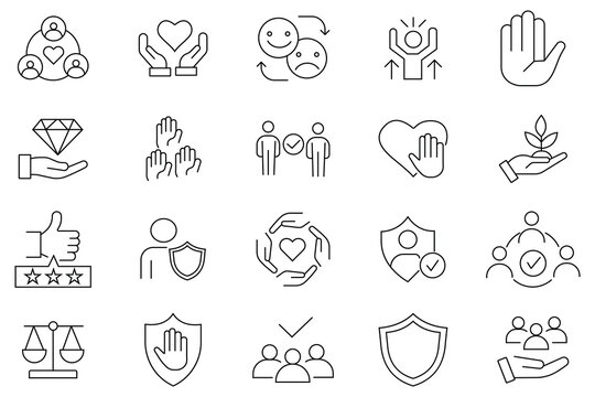 Set of trust icon vector. Out line icon  reliability, credibility, assurance, promise, trustworthy, truth, faith, sincerity empathy, friends ethics, and more. Vector illustration. 