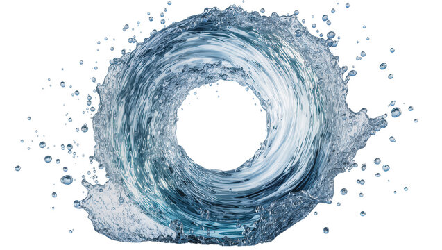 Isolated dynamic clear blue water splash creating a circular swirl with many drops