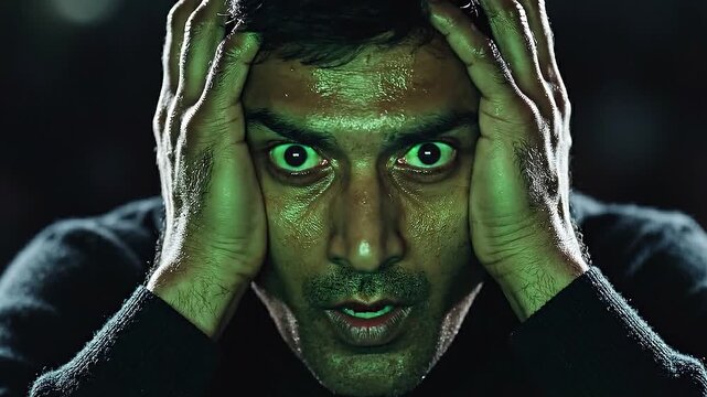 Man expressing intense shock and mental distress while gripping his head with both hands in a dimly lit environment.