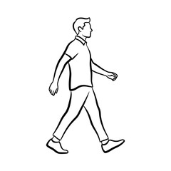 Obraz premium Minimalist black and white line of a man walking, side profile view, isolated on a white background, showing a person in casual clothes, motion and usage