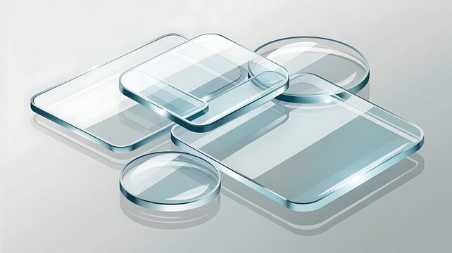 Glass slides and petri dishes on reflective surface