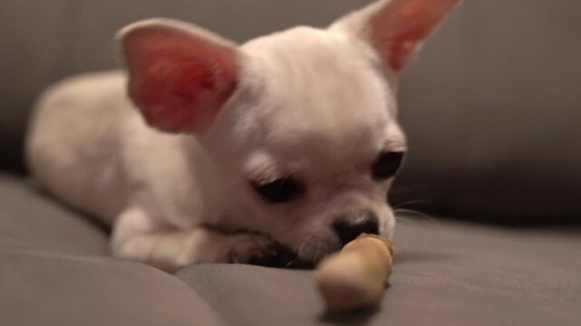Small white Chihuahua puppy chewing on a bone while lying on a gray couch, showcasing playful behavior and curiosity in a cozy indoor setting