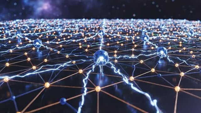Neural Network Energy Flow: Abstract representation of a complex neural network with glowing nodes and interconnected pathways, depicting a dynamic flow of energy and information.
