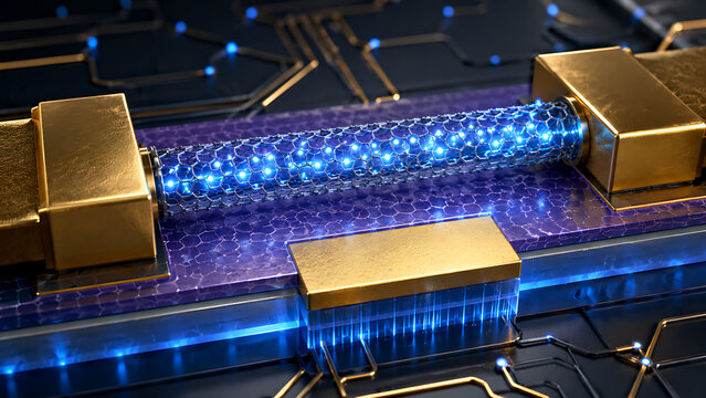 Carbon Nanotube Connected Between Gold Electrodes | Nanoelectronics Circuit With Glowing Blue Nanotube | Futuristic Semiconductor Device Using Graphene Nanotechnology